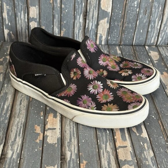 Vans Asher Dark Floral Womens Shoes Size 7.5 Slip-On Black Pink Skate - Picture 1 of 10